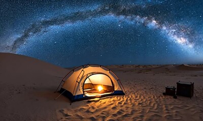 Wall Mural - a serene desert scene featuring a tent under a starry night sky.