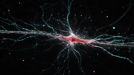 Poster - Stunning Close-Up of a Neuron with Glowing Synapses, Illustrating the Complex Connections Within the Nervous System in Vibrant Colors