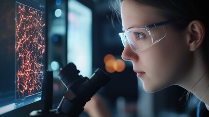 Poster - Focused Female Scientist Analyzing Data Through Microscope with Computer Displaying Complex Graphics in Laboratory Environment