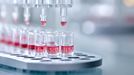 Poster - Laboratory Scene with Pipette Dropping Red Liquid into Glass Vials on White Rack, Demonstrating Fluid Transfer and Precision in Scientific Research