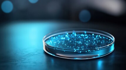 Poster - Glowing Petri Dish with Blue Bacteria Culture in Laboratory Setting, Scientific Research and Experimentation Concept, Microscopic Organisms in Focus