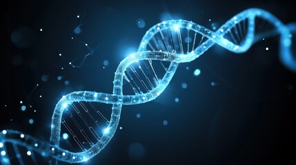 Poster - Abstract Representation of DNA Helix Structure with Blue Light Effects and Sparkling Particles on Dark Background for Science and Technology Illustrations