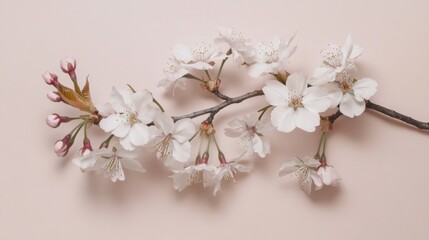 Poster - A delicate cherry blossom branch with pale pink flowers, on a light pink backdrop, Minimalist style