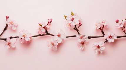 Poster - A delicate pink cherry blossom branch with blossoms in full bloom, on a pale pink background, Minimalist style