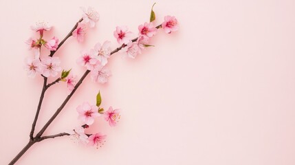 Poster - A delicate pink cherry blossom branch with blossoms in full bloom, on a pale pink background, Minimalist style