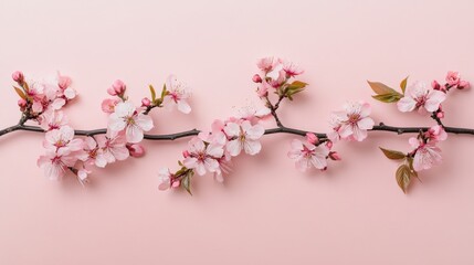 Poster - A delicate pink cherry blossom branch with blossoms in full bloom, on a pale pink background, Minimalist style