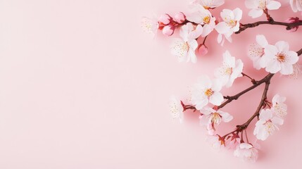 Poster - A delicate pink cherry blossom branch with blossoms in full bloom, on a pale pink background, Minimalist style