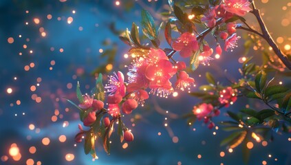 Poster - Glowing pink flowers on a branch at night.