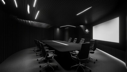 Poster - Modern dark conference room with long table and screen.
