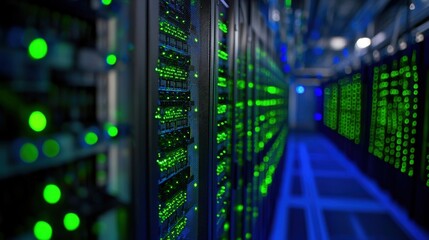 Aufkleber - Futuristic Data Center with Rows of Servers and Green LED Lights Illuminating a High-Tech Environment Focused on Digital Technology and Connectivity