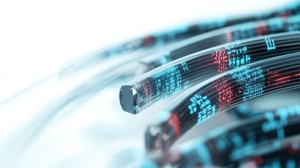 Fototapete - Abstract Digital Data Streams in Futuristic Network Design, Glowing Fiber Optic Cables with Vibrant Binary Codes Representing High-Speed Communication Technology