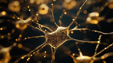 Aufkleber - Close-up View of Golden Neurons in a Neural Network Representing Advanced Neural Interconnectivity and Brain Functionality in a Digital World