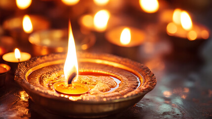 Wall Mural - Warm Glow of Traditional Indian Diya Candle with Flickering Flames : Generative AI