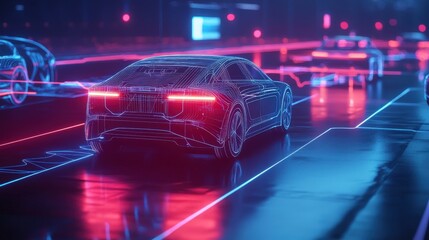 Poster - Futuristic Neon Cityscape with High-Tech Linear Car Design and Vibrant Light Trails Representing Advanced Automotive Technology in a Digital World