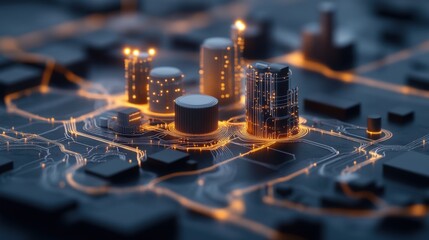 Poster - Futuristic Cityscape with Neon Circuit Patterns Showcasing Digital Connectivity and Urban Innovation in a Vibrant Technological Landscape