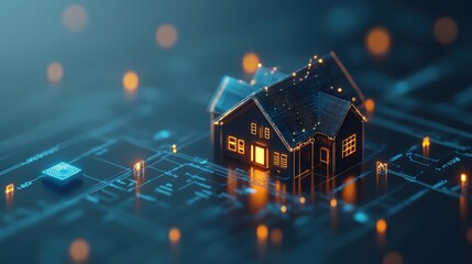 Poster - Conceptual depiction of smart home technology with glowing house on circuit board background, illustrating innovation, connectivity, and future living solutions.