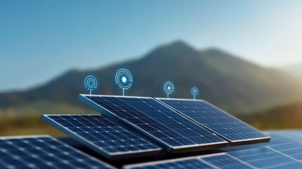 Poster - Innovative Solar Panel Array with Communication Technology in Outdoor Environment Overlooking Mountains at Sunrise Enhances Sustainable Energy Solutions and Connectivity