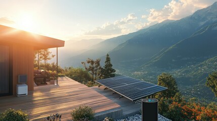 Poster - A Scenic View of a Modern House with Solar Panels on a Deck Surrounded by Mountains and Nature during a Vibrant Sunset