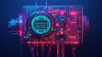 Poster - Futuristic Control Panel with Vibrant Neon Lights, Featuring Intricate Circuitry and Digital Display for Modern Technology and Sci-Fi Aesthetics in High Resolution