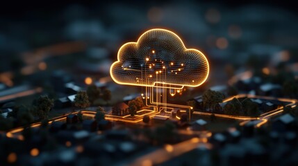 Poster - Futuristic Concept of Digital Cloud Storage with Neon Circuit Patterns Over a Suburban Neighborhood at Night, Symbolizing Data Transfer and Connectivity