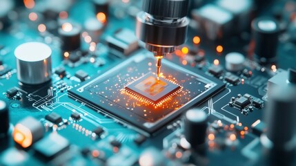 Poster - High-tech Microchip Production with Precision Laser Work on Circuit Board in Advanced Electronics Manufacturing Environment