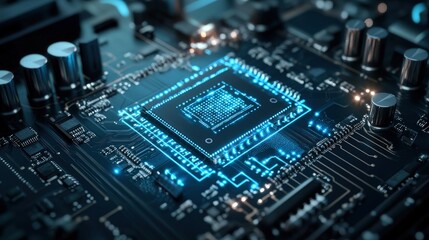 Poster - Detailed Close-up of a Futuristic Microchip on a Complex Circuit Board with Glowing Elements Illustrating Technology and Innovation in Electronics