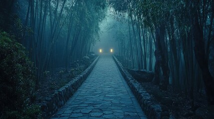 Sticker - Foggy path through bamboo forest at night.