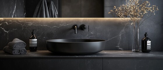 Black bathroom interior design, black washbasin and faucet on black marble counter in modern luxury minimal washroom