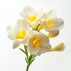 Wall Mural - Close-up of a cluster of creamy white freesia flowers with yellow centers, isolated on a white background.