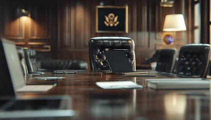 Poster - Empty conference room with tablet on mahogany table.