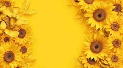 Poster - A joyful cluster of yellow sunflowers with bold, sunny faces and golden petals, on a warm mustard yellow background that radiates warmth and happiness