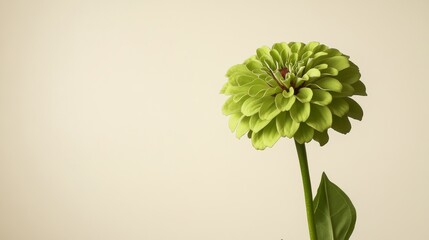Poster - A single bright green zinnia against a pale cream background, side angle shot, Minimalist style