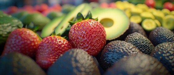 Close-up of ripe strawberries and avocados.