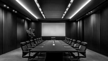 Poster - Modern, dark conference room with long table and chairs.