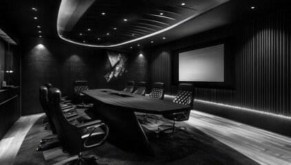 Poster - Modern black conference room with large table and screen.