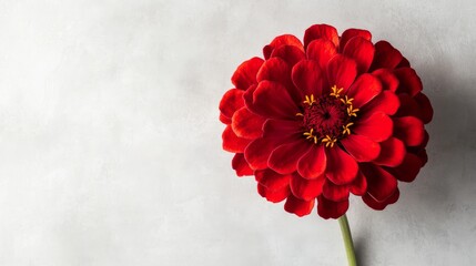 Aufkleber - A single vivid red zinnia against a light gray background, close-up top view, Minimalist style