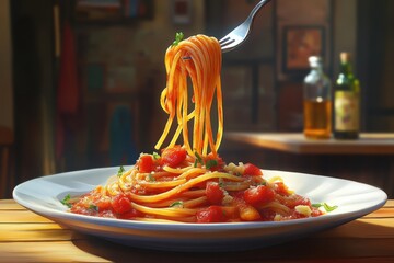 Fork lifting spaghetti with tomato sauce on a plate.