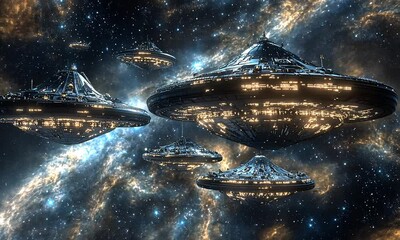Wall Mural - futuristic spaceships hovering in a starry galaxy.