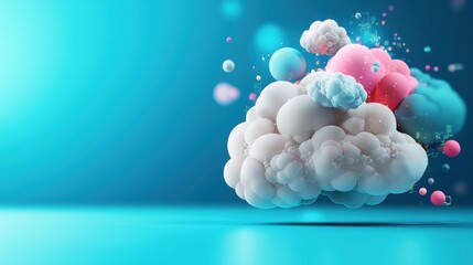 Poster - A colorful, abstract cloud formation with pastel hues on a soft blue background, evoking a playful and dreamy atmosphere.