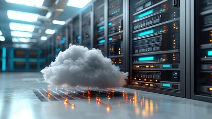 Poster - A cloud floats near a row of servers, symbolizing cloud computing and data storage technology in a modern data center.