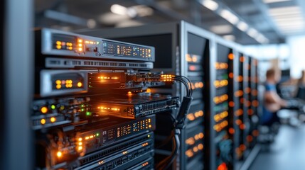 Poster - a close-up view of server racks illuminated by led lights, showcasing a data center environment with