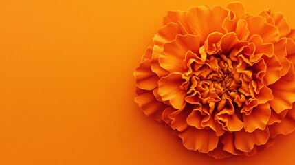 Poster - A vibrant orange marigold with intricate, layered petals, on a sunny orange background