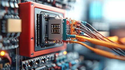 Aufkleber - A close-up of a microchip on a circuit board, featuring colorful wires connected to it, showcasing technology and electronics.