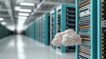 Poster - A data center with server racks and a symbolic cloud, illustrating the concept of cloud computing and modern technology infrastructure.