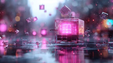 Poster - A glowing, futuristic cube surrounded by floating geometric shapes and reflections, set in a vibrant, digital environment.
