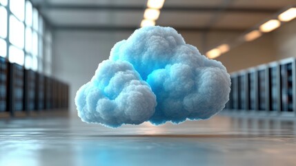 Poster - A fluffy blue cloud floats above a smooth surface, illuminated by natural light, creating a serene and dreamlike atmosphere.