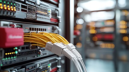 Poster - A close-up view of network servers with illuminated panels and connected yellow cables, showcasing modern data center technology.