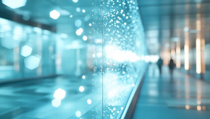 abstract bokeh lights and water droplets on glass wall in modern hallway.
