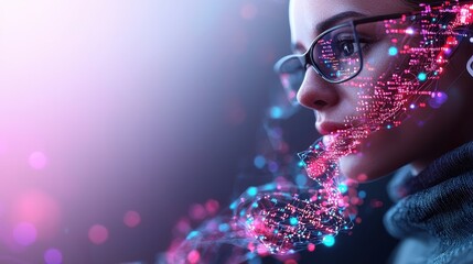 Poster - A close-up of a woman with glasses, illuminated by vibrant colors and digital sparkles, evoking a blend of technology and creativity.