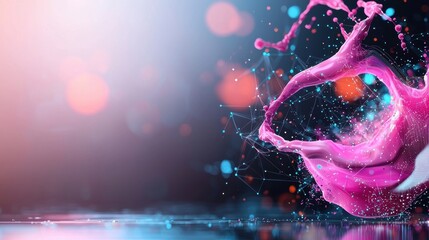 Poster - A vibrant splash of pink liquid against a blurred background, creating a dynamic and artistic visual effect with sparkling droplets.